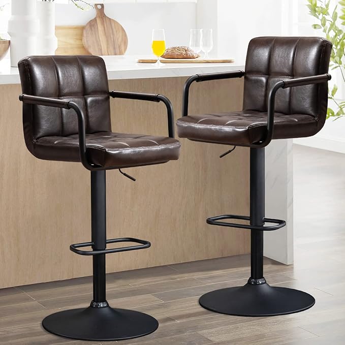 Furnimart 30" Faux Leather Upholstered Bar Stool, Adjustable Counter Stools Bar Chairs Modern Design Swivel Barstools Hydraulic Stools for Kitchen and Dining Room Set of 2 (Leather-BlackBrown)