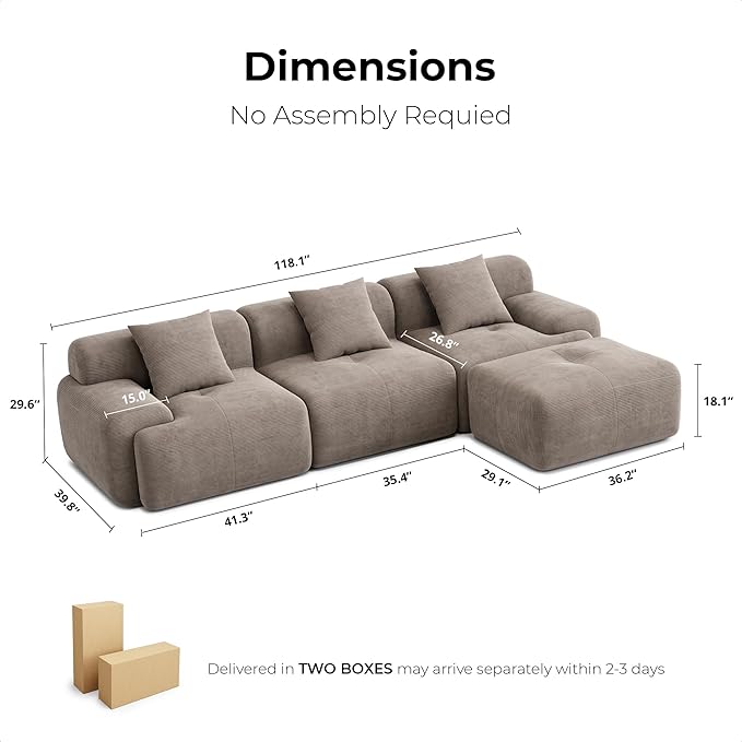 LIKIMIO 118" Modern L-Shaped Modular Sectional Sofa for Living Room, Corduroy Upholstery Light Brown, Oversized 3-Seater Couch with Deep Seat and Movable Ottoman – No Assembly