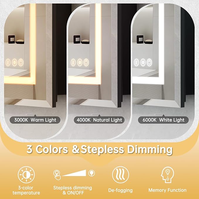 24"X30" Bathroom Medicine Cabinet with Mirror, LED Lighted Medicine Cabinet with Anti-Fog, 3 Colors Temperature Stepless Dimmable, Metal Cabinet for Storage and Mordern Decor, Black