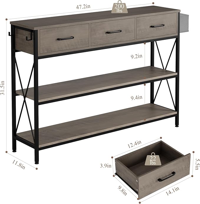 HITHOS 47.2" Long Console Table with 3 Drawers and 3-Tier Storage Shelves, Industrial Sofa Table for Living Room Entry Way