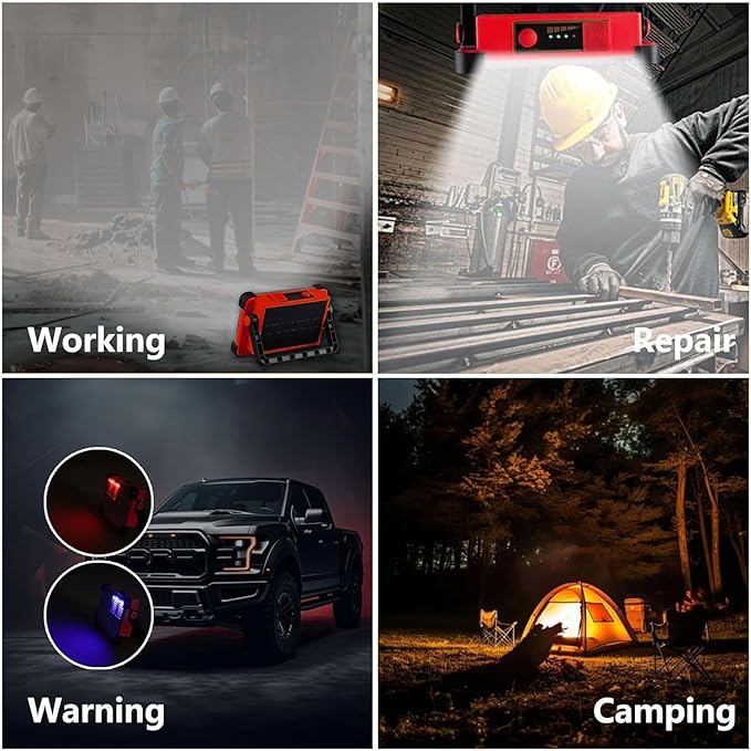 120W LED Solar Work Light, 144 LED 10000LM Portable Flood Light with Stand, Red 4 Modes Rechargeable, IP65 Waterproof Outdoor Working Light for Camping, Fishing, Car Repair & Mechanics (1)