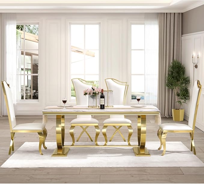 White and Gold Dining Chairs Set of 2, White Leather Dining Room Chair with Gold Polished Metal Legs, Glam Upholstered Kitchen Chairs for Dining Room, Kitchen, Living Room