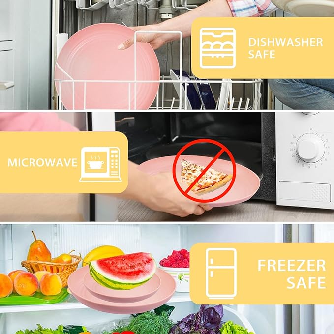 Supernal Pink Wheat Straw Dinnerware Sets,Unbreakable Dishes for 8, Plate and Bowls Sets, Reusable Plates, Microwave Dishwasher Safe Plates,Plastic Dinnerware Set, Pink Plastic Tableware