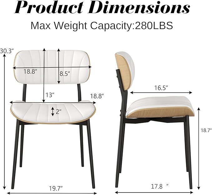 Modern PU Leather Dining Room Chairs Set of 2, Upholstered Kitchen Chairs with Curved Wood Backrest and Metal Legs Adjustable Feet for Kitchen Dining Room(White)
