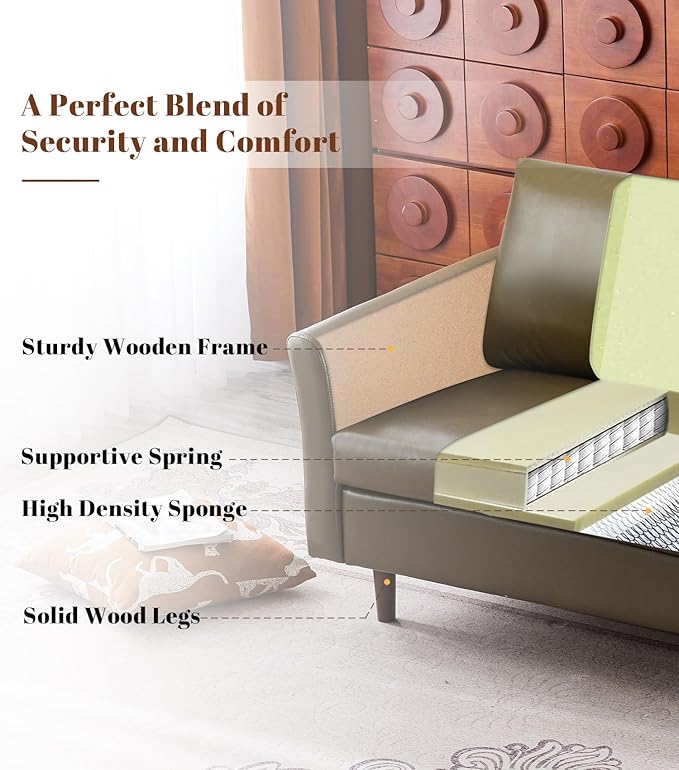 Kingfun Faux Leather 3 Seat Couch Set for Living Room, Mid Century Modern Sofa with Rolled Arms and Deep Seats, Fluffy Comfort for Apartment, Easy to Assemble, Olive Green Sofa and Chair