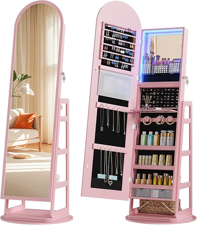 HWB Arched Mirror Jewelry Cabinet with Storage, LED Jewelry Armoire w/Full Length Mirror & 360° Swivel, Standing Jewelry Holder Organizer with Rear Storage Shelves & Hooks, Lockable (Pink)