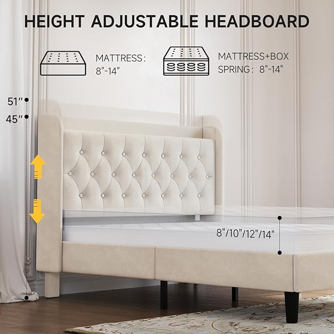 koorlian Queen Bed Frame with Headboard, Adjustable Velvet Upholstered Bed Frame with Type-C&USB Ports, Wingback Storage Headboard, Solid Wood Slats Support, No Box Spring Needed, Noiseless, Beige