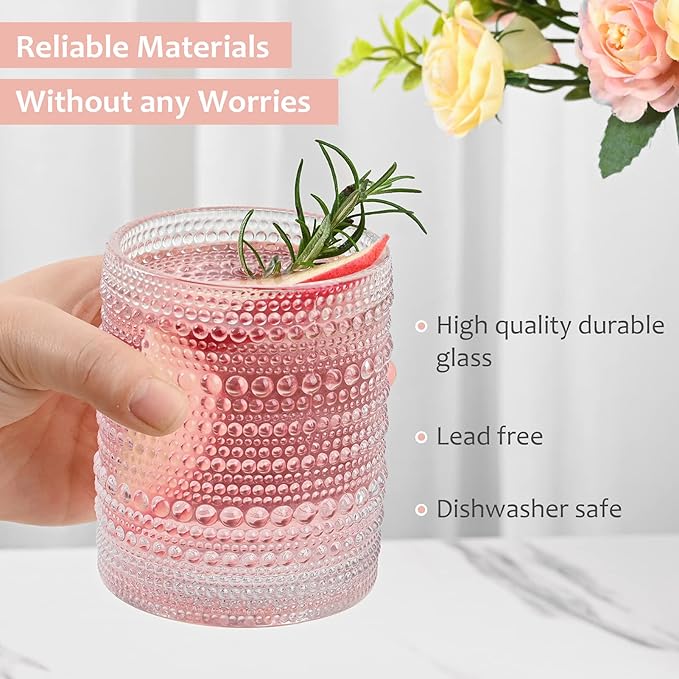 Vintage Glassware Drinking Glasses Set of 6,12 oz Hobnail Glass Cups,Embossed Clear Water Tumbler,for Beer,Cocktail,Whiskey,Juice and Various Mixed Drinks- 1 Cleaning Brush