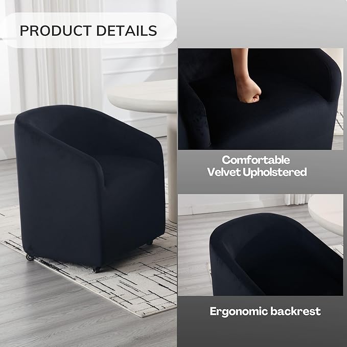 Modern Barrel Upholstered Dining Chairs with Swivel Casters Set of 6, Velvet Back Accent Side Chair for Dining Room Living Room, Black