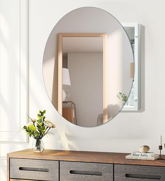 Round Bathroom Medicine Cabinet, 28 Inches Frameless Circle Mirrored Cabinet Wall Mounted Cabinet with Surface Mount Installation