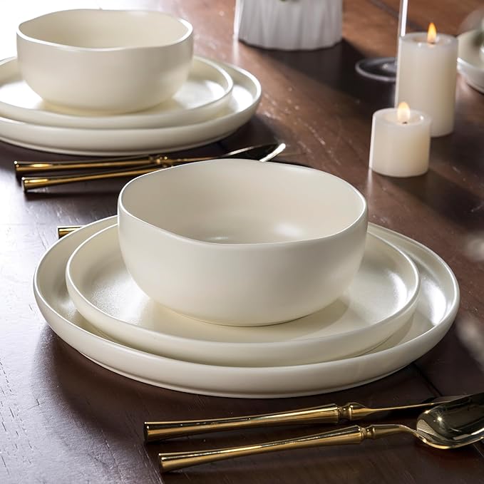 AmorArc Ceramic Dinnerware Sets, Wavy Rim StonewarePlates and Bowls Sets, Highly Chip and Crack Resistant | Dishwasher & Microwave & Oven Safe Dishes set, Service for 4 (12pc)