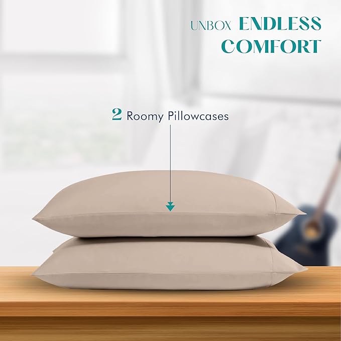 XOOX Linen 100% Egyptian Cotton Pillow Cases Standard/Queen Size Set of 2 - Luxury 1200 Thread Count Sateen Taupe Pillow Cases, Silky Soft Cooling Pillowcases Fits Standard & Queen Size Pillows