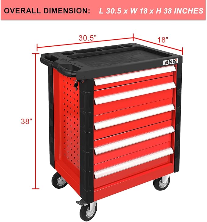 DNA MOTORING 5-Drawer Rolling Tools Chest, Rolling Tool Storage Cabinet, Mechanic Tool Cart, Trolley Organizer for Garage, Warehouse, Workshop, w/ Keys, Red, Upgrade Package, TOOLS-00001