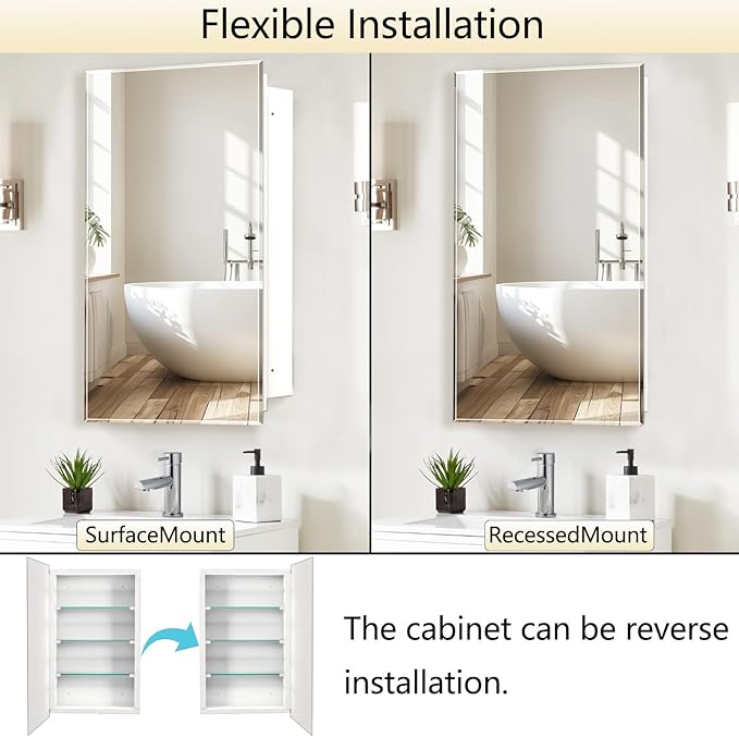 Bathroom Medicine Cabinet with 24x36 in Rectangular Beveled Frameless Mirror,Wall Mounted Mirror Cabinet for Bathroom Toilet Kitchen,Recess or Surface Mount