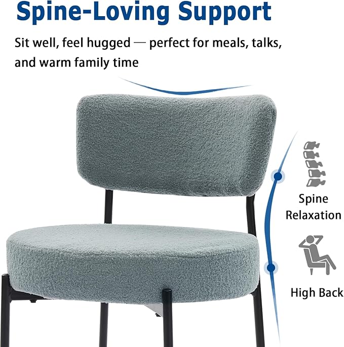 Grey Boucle Dining Chairs Set of 6, Upholstered Dinner Chair with Metal Frame, Dining Room Chairs with Padded Seat, Round Modern Seating for Living Room