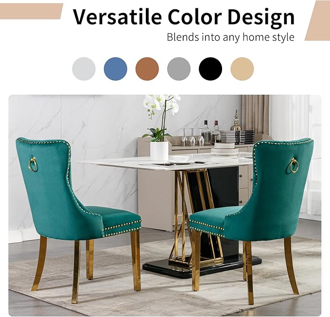 Luxury Upholstered Dining Chairs Set of 2, Green Kitchen Chair with Golden Metal Legs, Velvet Tufted Back Dining Chair, Sillas de Comedor, Modern Kitchen & Dining Room Chairs (Green, 2 Pcs)