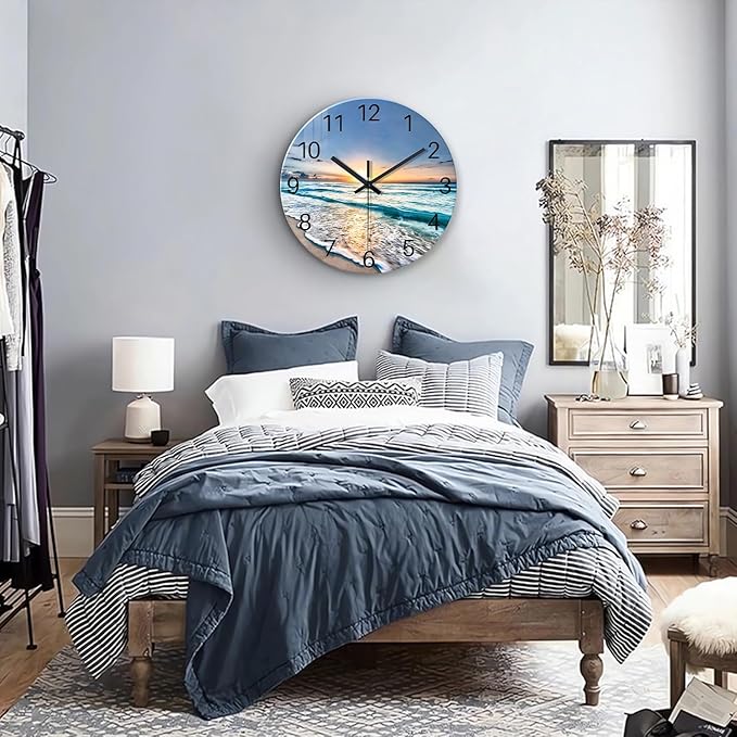 Blue Beach Wall Clock for Bedroom Glass Wall Clocks Battery Operated 12 Inch Analog Wall Clock Silent