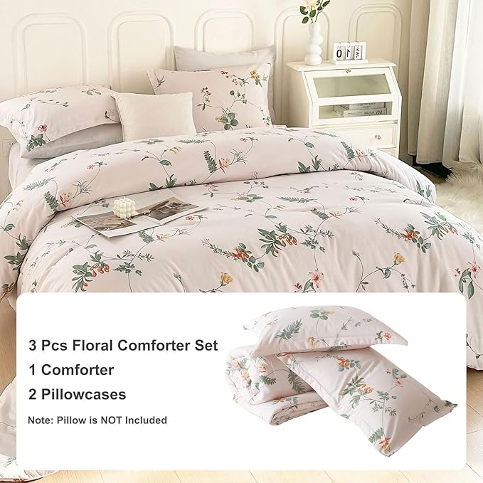 EAVD Garden Floral Comforter Set Queen Vintage Chic Botanical Floral Leaves Patten Aesthetic Comforter Soft Washed Microfiber Bedding Comforter Set 1 Comforter and 2 Pillowcases