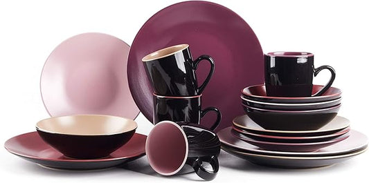 Colors Life 16pc Dinnerware Set，Very Berry - 4 Assorted Colors Beige, Berry, Plum, and Rose