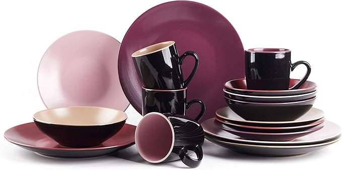 Colors Life 16 Dinnerware Set，Outside Shinny Black + Inside Matte Finished Color Very Berry