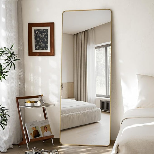 VooBang Round Corner Mirror Full Length, 21" x 56" Floor Mirror with Stand, Matte Aluminum Alloy Frame Full Body Mirror, Standing Hanging or Leaning for Bedroom and Living Room, Gold