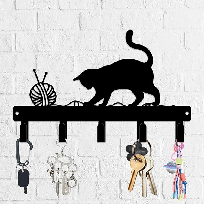 magilab Cat-Themed 10-Inch Iron Key Hooks with 5 Hooks, Black Wall Organizer - Cute Cat Design for Home Decor, No Drill & Screw-in Options (Style D)