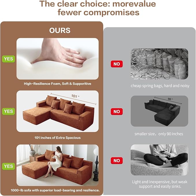 101" Orange Couch for Living Room,Boneless Couch No Assembly Required,Comfy Couches with Oversized Chaise,Compressed Sofa for Any Room,Modern Sofa-Velvet