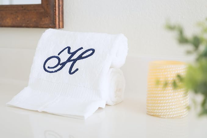White Monogrammed Hand Towels for Bathroom - Luxury Hotel Quality Personalized Initial Embroidered Towel for Powder Room, Spa - GOTS Organic Certified - Pack of 2 Navy, Letter H