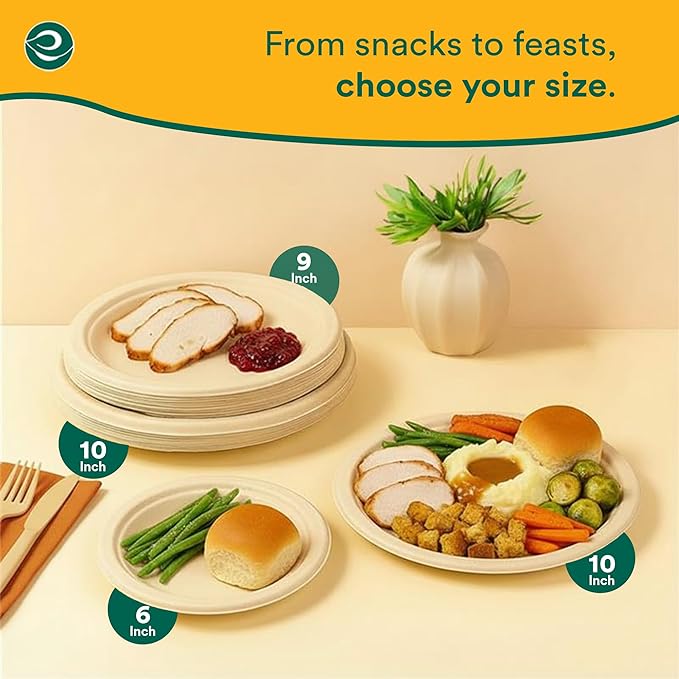 ECO SOUL 100% Compostable Paper Plates 10 Inch [100-Pack] Biodegradable Heavy Duty Eco-Friendly Disposable Plates for Christmas Dinner, Parties, Wedding & Event