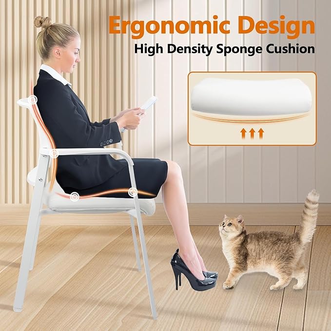 CLATINA Stacking Office Chairs | Mesh Back, Thicken Leather Seat and Arms, Ergonomic Lumber Support | Guest Reception, Waiting, Conference, School, Party, Customer, Side, Stationary | Set of 8, White