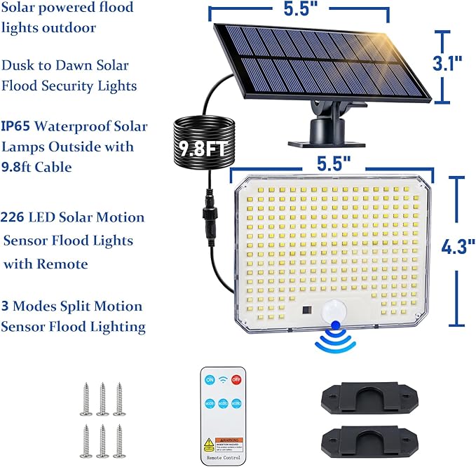Solar Flood Lights Outdoor, 226 LEDs Flood Lights Motion Sensor, Dusk to Dawn Solar Outdoor Lighting with 3 Modes, Remote Control Outside Security Porch Lights for Garage Patio Yard (2 Pack)