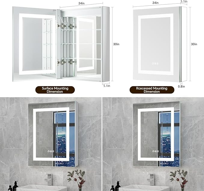 24 x 30 LED Lighted Medicine Cabinet with Lights, Recessed or Surface Wall Mount Medicine Cabinet Mirror for Bathroom with Storage, Outlets & USB, Tempered Glass, 3-Color Dimming, Adjustable Shelf