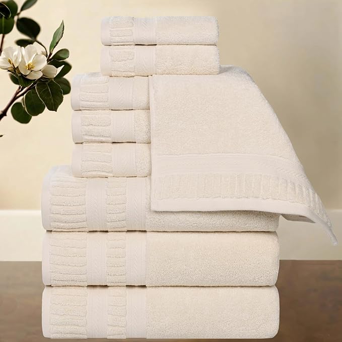 Superior Venice Zero Twist Cotton Medium Weight Towels, for Guest Bath, Bathroom, Shower, Spa, Plush Towels, Bath Essentials, Ribbed Textured Border, 9 Piece Assorted Towel Set, Ivory