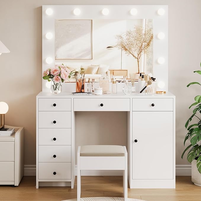 Garvee White Vanity Desk with Mirror and Light, Makeup Vanity Table with Charging Station, 7 Storage Drawers, 1 Cabinet, 3 Color Lighting Modes, Modern Wooden Dressing Table for Bedroom
