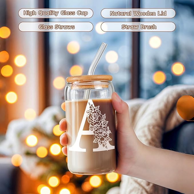 Birthday Gifts for Women: DWTS Initial Glass Cup as Office Graduation Memorial Holiday Personalized Gifts - for Husband Aunt Uncle Teen Boy Employee Coworkers Him and Her - A Aesthetic Cup
