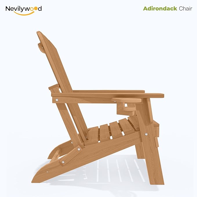 nevilywood Folding Adirondack Chair - Extended Ergonomic Backrest, Cup Holder - Easy Assembly - Durable HDPE Plastic, Weather Resistant & Maintenance-Free - Lawn, Patio, Deck Supports 380lbs,Teak