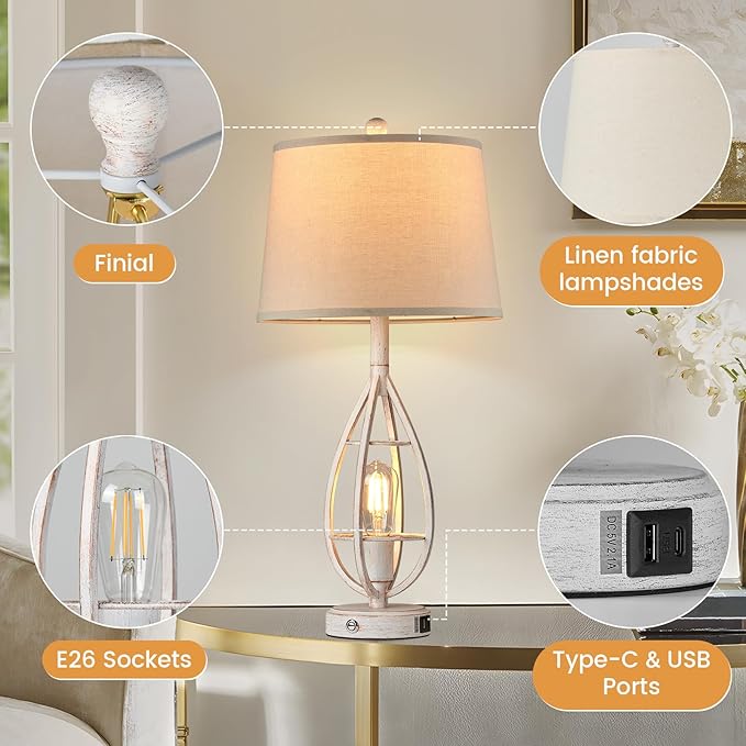 27.8" Farmhouse Table Lamps for Living Room Set of 2 - Beside Touch Lamps for Bedroom with USB C+A, Rustic Vintage Retro Lamps for Night Stands, Bulbs Included (White)
