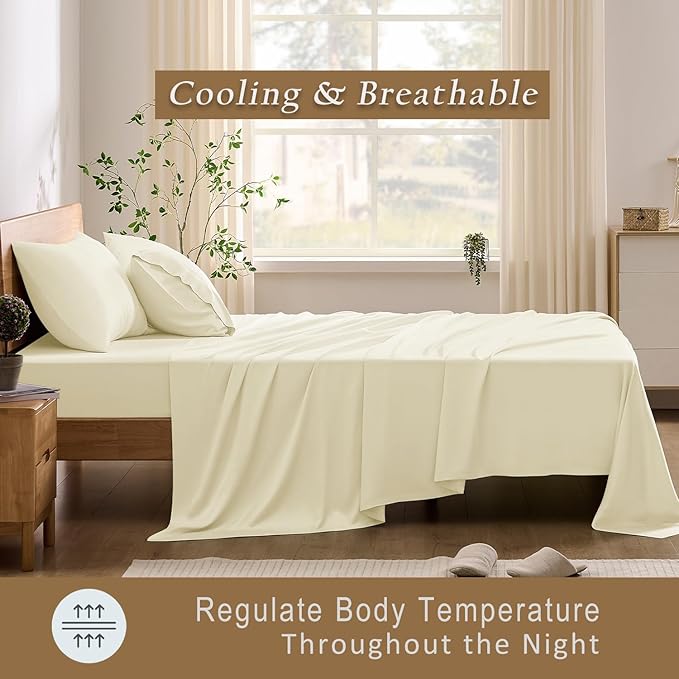 TOSMO Luxury Cooling Sheet Set - 100% Viscose from Bamboo, 4-Piece Bedding Set (Full Size) - 18” Extra Deep Pockets, Oeko-Tex Certified, Silky Soft and Breathable, Vanilla Yellow