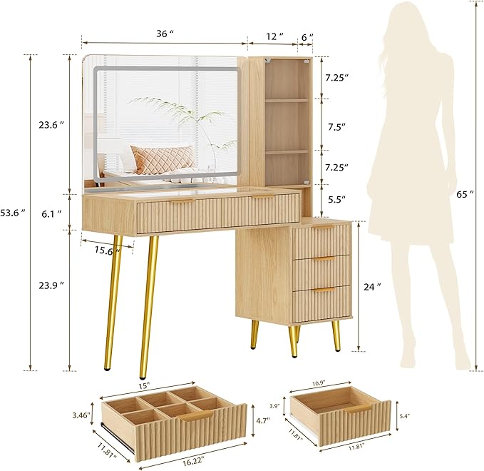 Makeup Vanity Desk with Mirror and Lights, 48" Fluted Makeup Table with Glass Top, Vanity Desk with 5 Drawers, Open Shelf & Power Outlet, Modern Dressing Table for Bedroom Living Room
