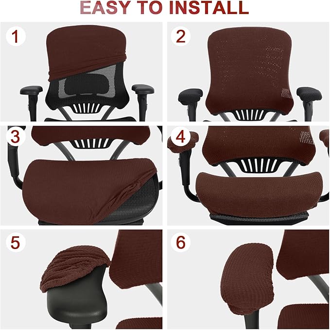 Tallew 4 Pcs Office Chair Covers Set Computer Universal Protective Stretchable Chair Seat Covers Desk Armrest Slipcovers Pads Office Cushion Backrest for Rotating (XL,Dark Brown)