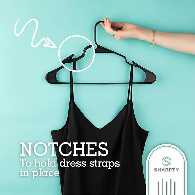 Sharpty Plastic Hangers, 20-Pack, Slim, Space Saving, Heavy Duty, Notched, Durable, Smooth, Fabric-Friendly, Ideal for Clothing, Coats, Shirts, Ties, Belts, Accessories - Black