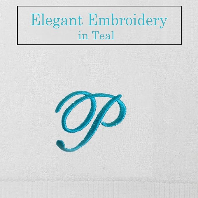 White Monogrammed Hand Towels for Bathroom - Luxury Hotel Quality Personalized Initial Embroidered Towel for Powder Room, Spa - GOTS Organic Certified - Set of 2 Teal Letter P