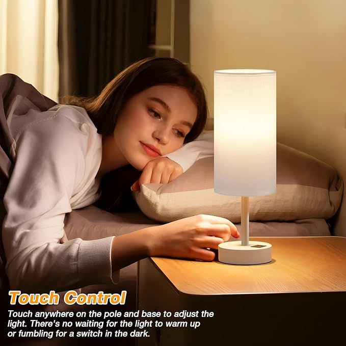 Dicoool White Touch Bedside Lamp for Bedroom - 3 Way Dimmable Table Lamp with USB, Nightstand Lamp with White Charging Station for Desk Dorm, Girl Kids Room, Small