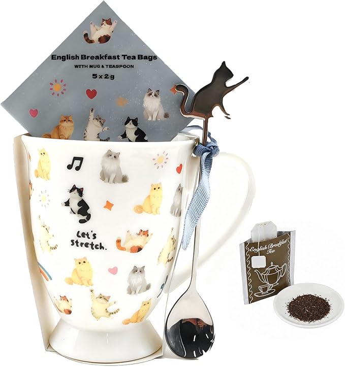 Cute Cat Cups Crazy Cat Lady Porcelain Coffee Mugs and English Breakfast Tea Set Reusable Ceramic Cup Animal Mug as Best Gift for for Mom, Daughter, Sister, Aunt, Wife, Best Friends, Coworkers