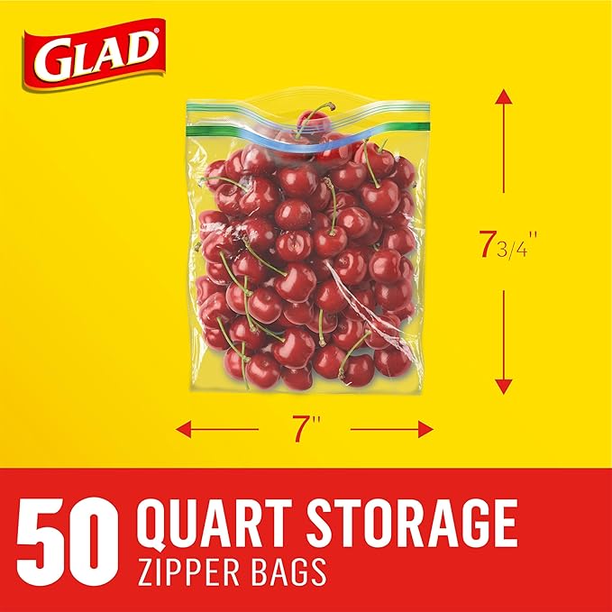 Glad Zipper Food Storage Plastic Bags, Quart, 50 Count (Package May Vary)