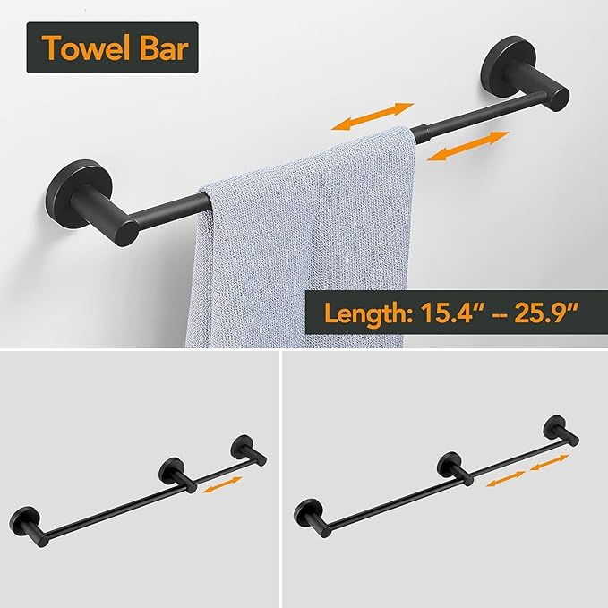 BESy 4 Piece Bathroom Accessories Set Hardware Set (Adjustable Double Towel Bar, Hand Towel Holder, Toilet Paper Holder, Towel Hook) Bath Fixtures Set Wall Mounted SUS304 Stainless Steel Matte Black