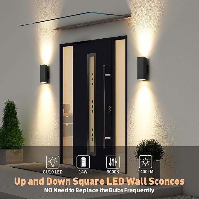 tewei LED Outdoor Wall Sconce Lights Modern Exterior Lighting Fixtures with 7W LED Bulbs, Matte Black Square Up and Down Outdoor Lights for House Front Porch Garage, Warm White 3000K, 6 Pack