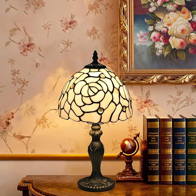 Tiffany Style Small Table Lamp, 8X8X14.5 Inch Rose Stained Glass Lamp, Small Antique Side Table Lamps, Bedside Nightstand Lamp, for Bedroom Living Room Home Office,LED Bulb Include