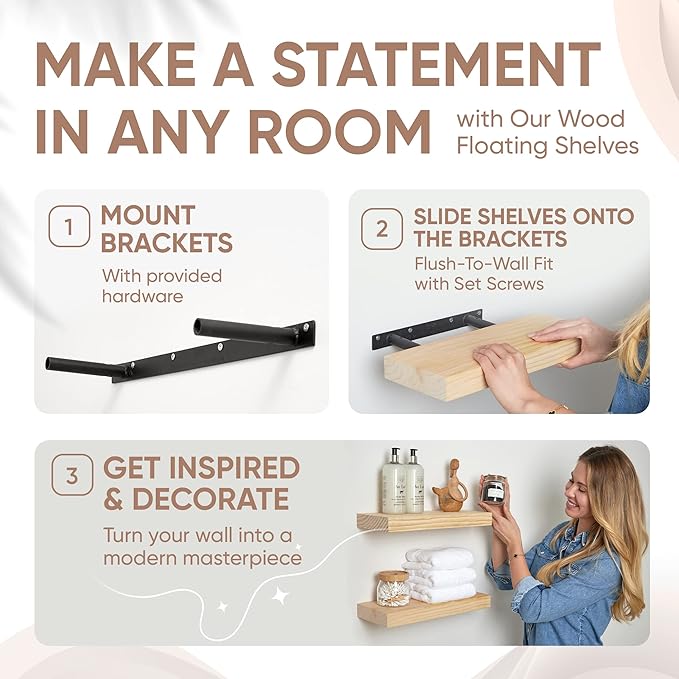 Homeforia Wood Floating Shelf 12 inch, High End Solid Natural Wood 12inch Floating Shelves for Wall Mounted, Unfinished Small Wooden Floating Shelves, Heavy Duty Bracket, 12 X 6.5 X 1.75 in, Set of 4