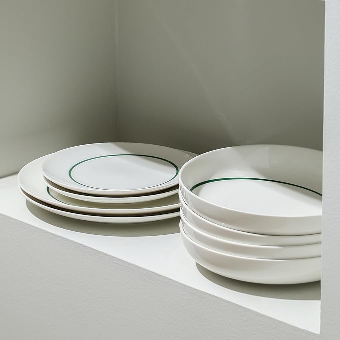 Stone Lain Luna 12-Piece Porcelain Dinnerware Set, Plates and Bowls Set, Dish Set for 4, Green